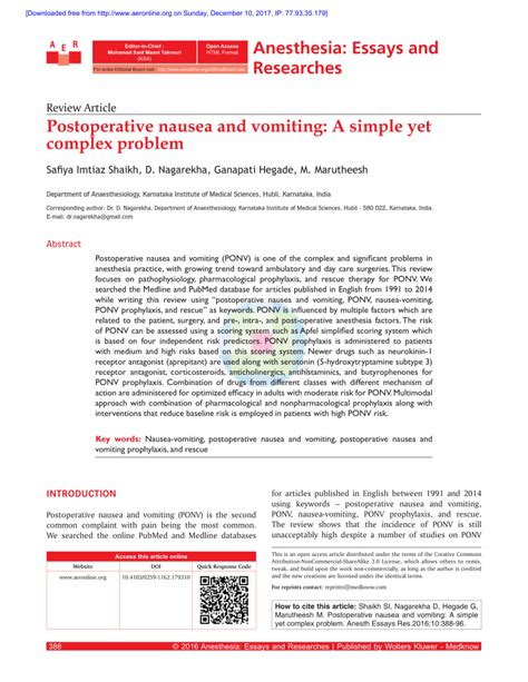 Postoperative nausea and vomiting: A simple yet complex problem.